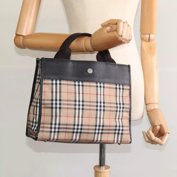 BURBERRY Nova Check Hand Bag Nylon Beige Black Silver Auth - Picture 1 of 16